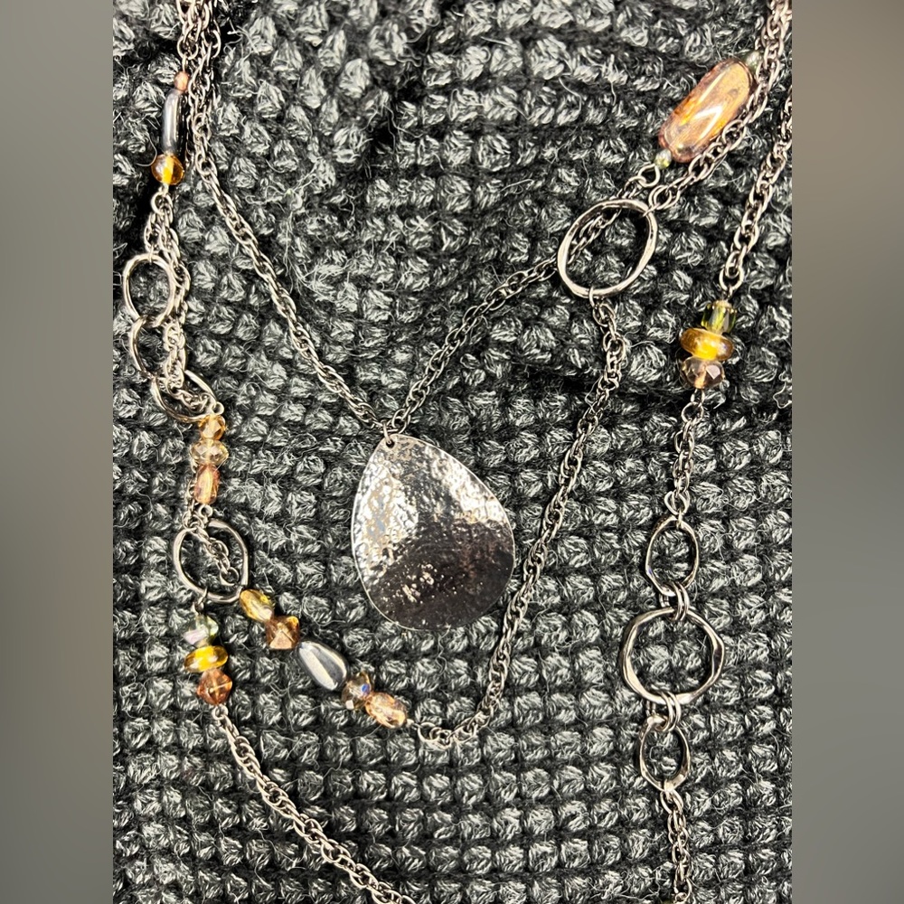Chicos 3 tier necklace in gun metal and stones with tear drop